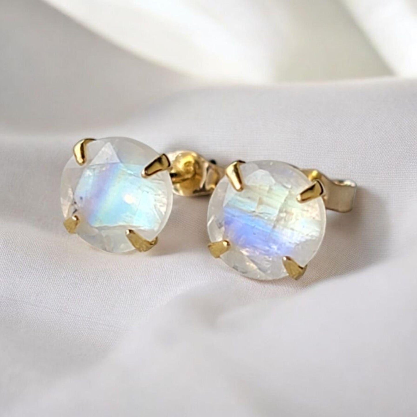 14k Rose Gold Sterling Silver Rainbow Moonstone Gemstone Stud Earrings - Solid Silver Earrings - Silver Genuine Moonstone Stud Earrings
