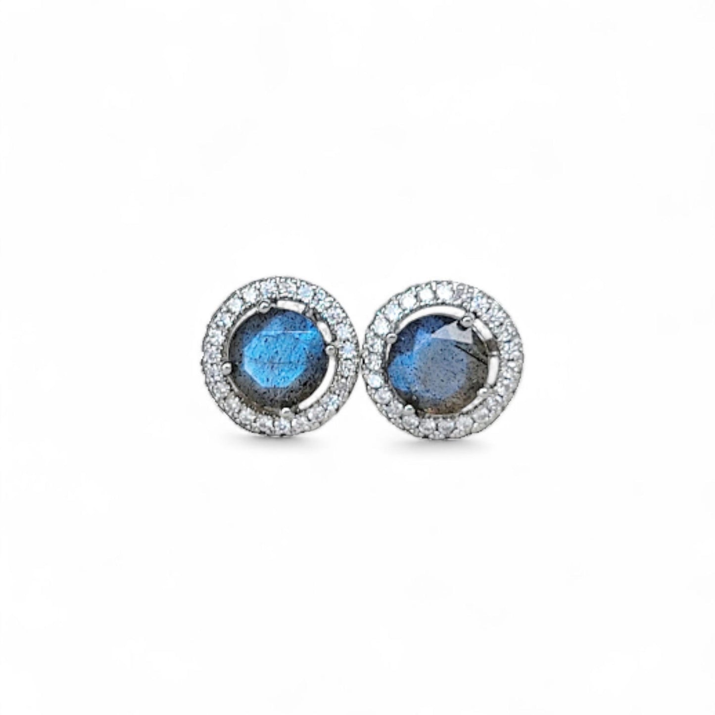 Labradorite Halo Earrings | Silver or Rose Gold Plating