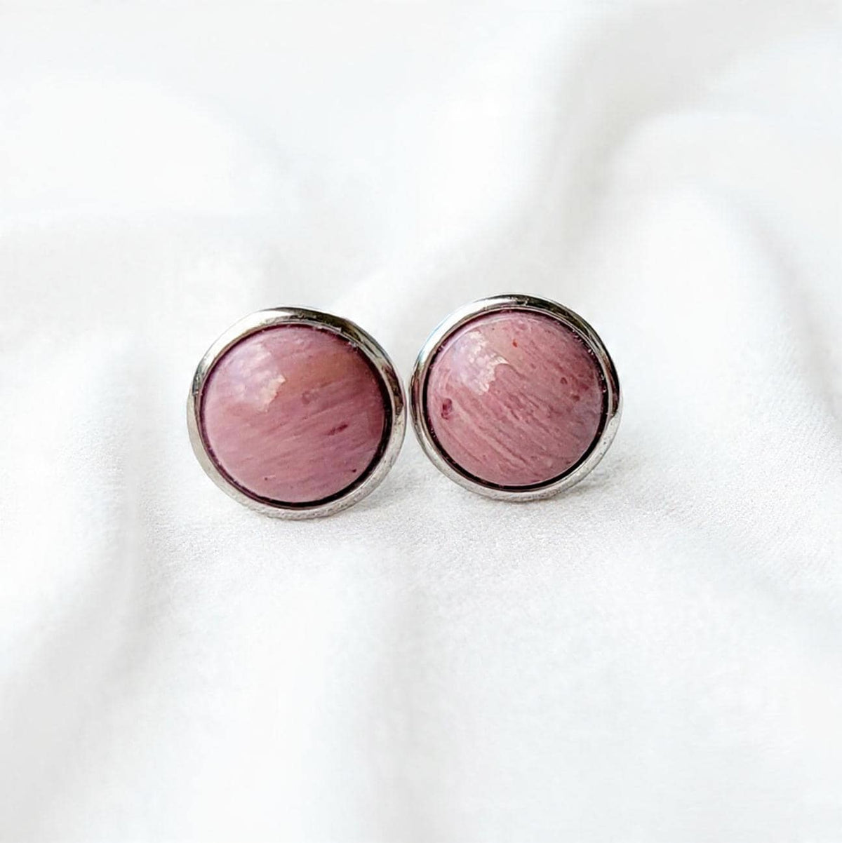 Genuine Bezel Rhodochrosite Stud Earrings | .925 Sterling Silver | Pink Gemstone Jewelry Jewels of Aurora