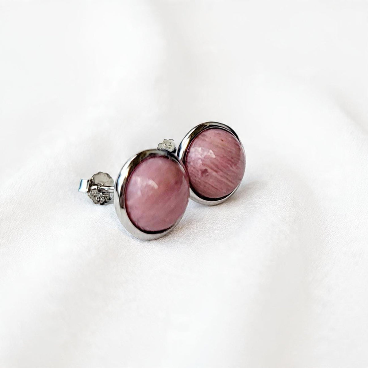 Genuine Bezel Rhodochrosite Stud Earrings | .925 Sterling Silver | Pink Gemstone Jewelry Jewels of Aurora