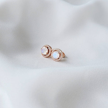 Rainbow Moonstone Halo Earrings | Silver or Rose Gold Plating