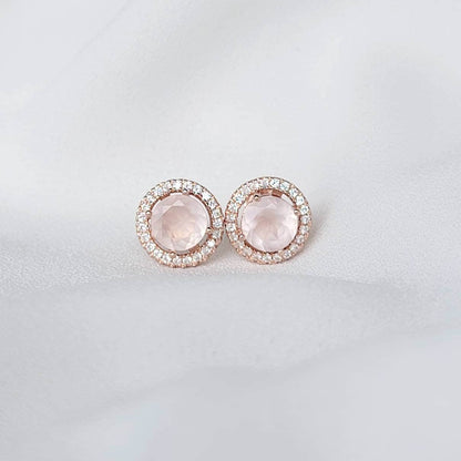 Rose Quartz Halo Earrings | Silver or Rose Gold Plating | 6–3mm