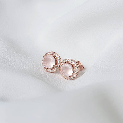 Rose Quartz Halo Earrings | Silver or Rose Gold Plating | 6–3mm