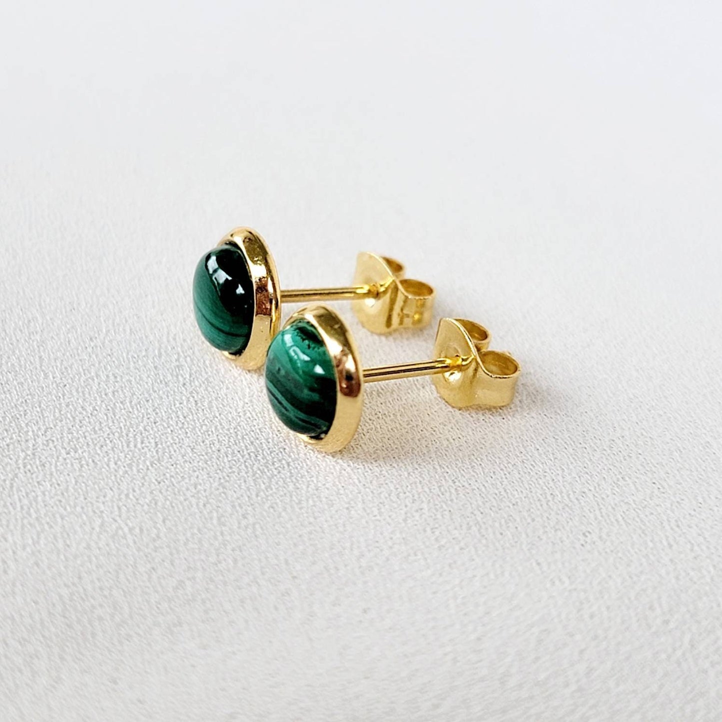 Green Malachite Stud Earrings - Gold Stainless Steel, 6mm