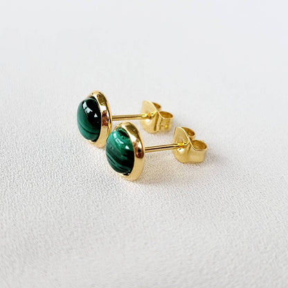 Green Malachite Stud Earrings - Gold Stainless Steel, 6mm