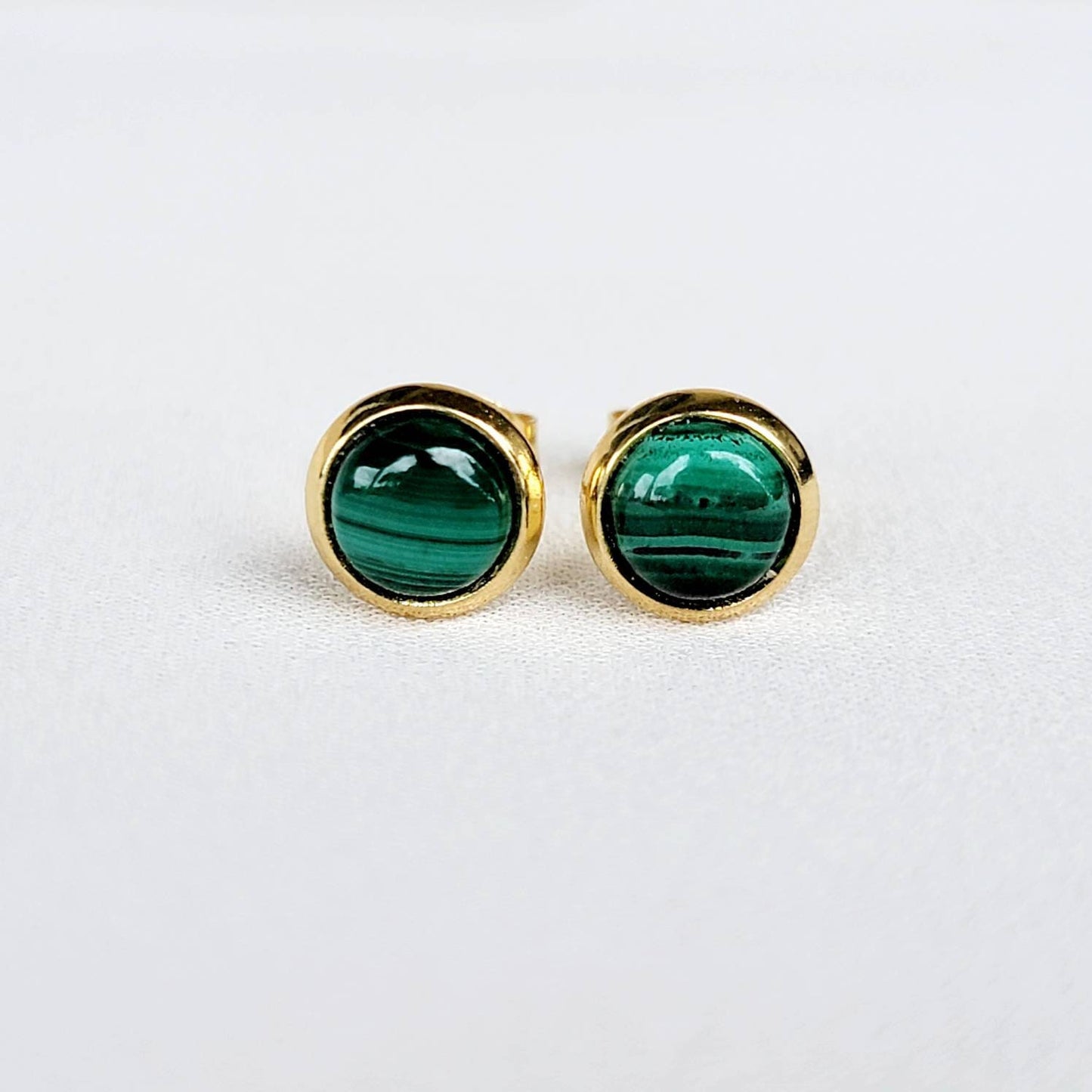 Green Malachite Stud Earrings - Gold Stainless Steel, 6mm