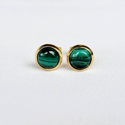 Green Malachite Stud Earrings - Gold Stainless Steel, 6mm