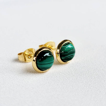 Green Malachite Stud Earrings - Gold Stainless Steel, 6mm