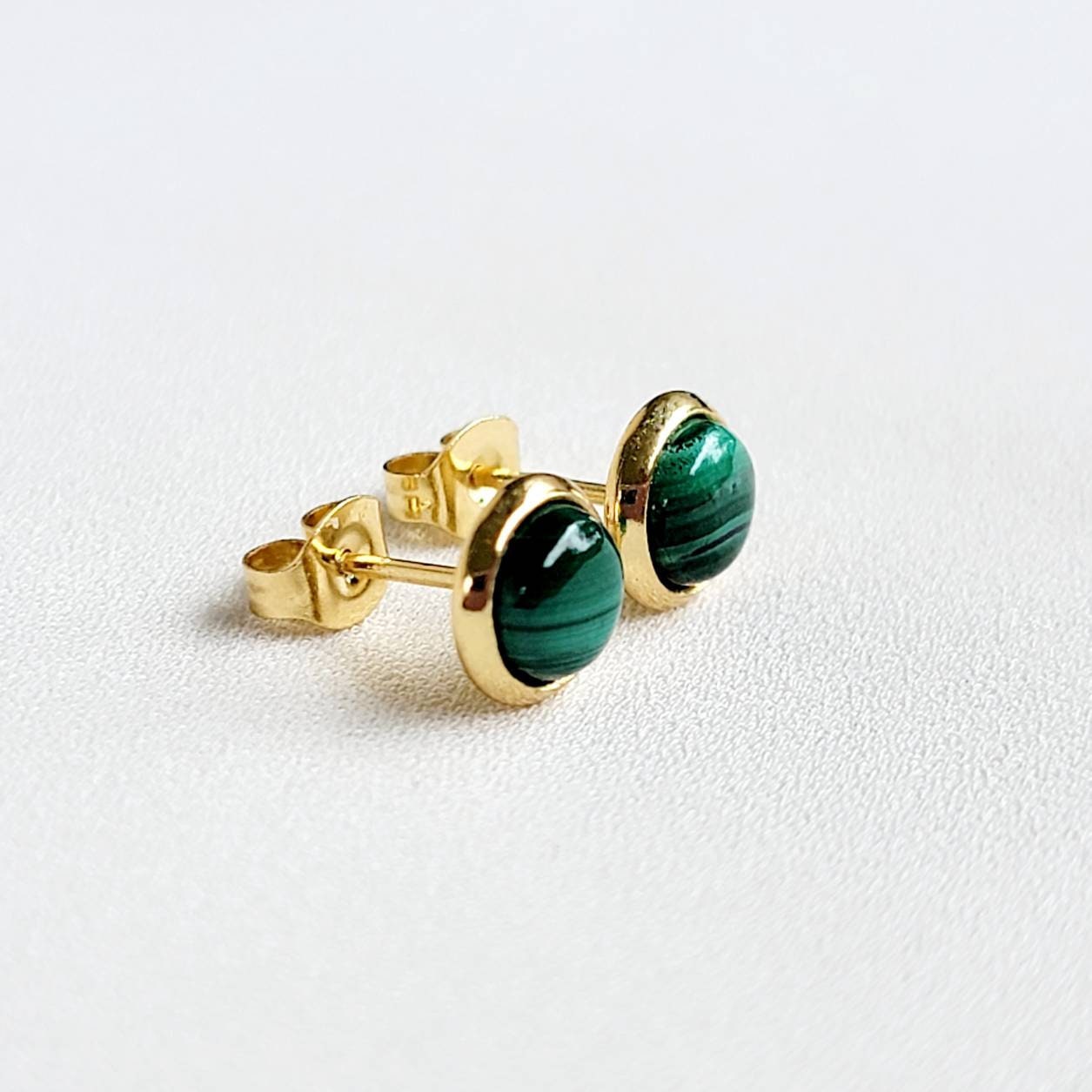 Green Malachite Stud Earrings - Gold Stainless Steel, 6mm
