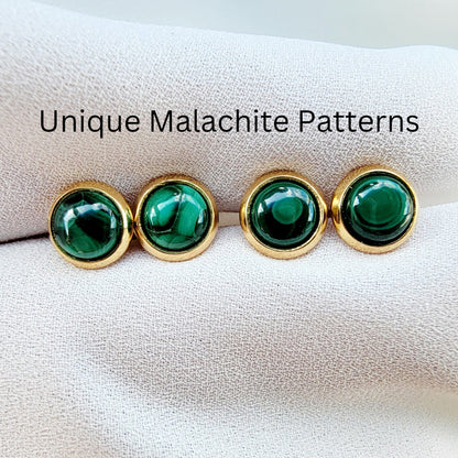 Green Malachite Stud Earrings - Gold Stainless Steel, 6mm
