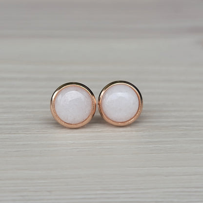 8MM Waterproof Stainless Steel Gemstone Earrings: Rose Quartz, Onyx, Jade