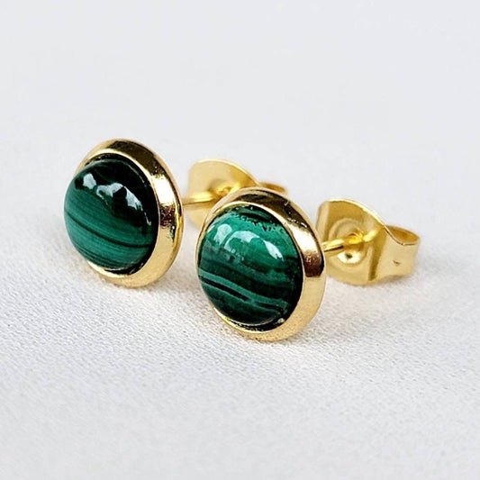 Green Malachite Stud Earrings - Gold Stainless Steel, 6mm