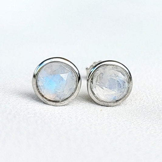 925 Sterling Silver Rainbow Moonstone Stud Earrings - Bezeled Rainbow Moonstone Jewelry - Medium Large Moonstone 6mm 8mm