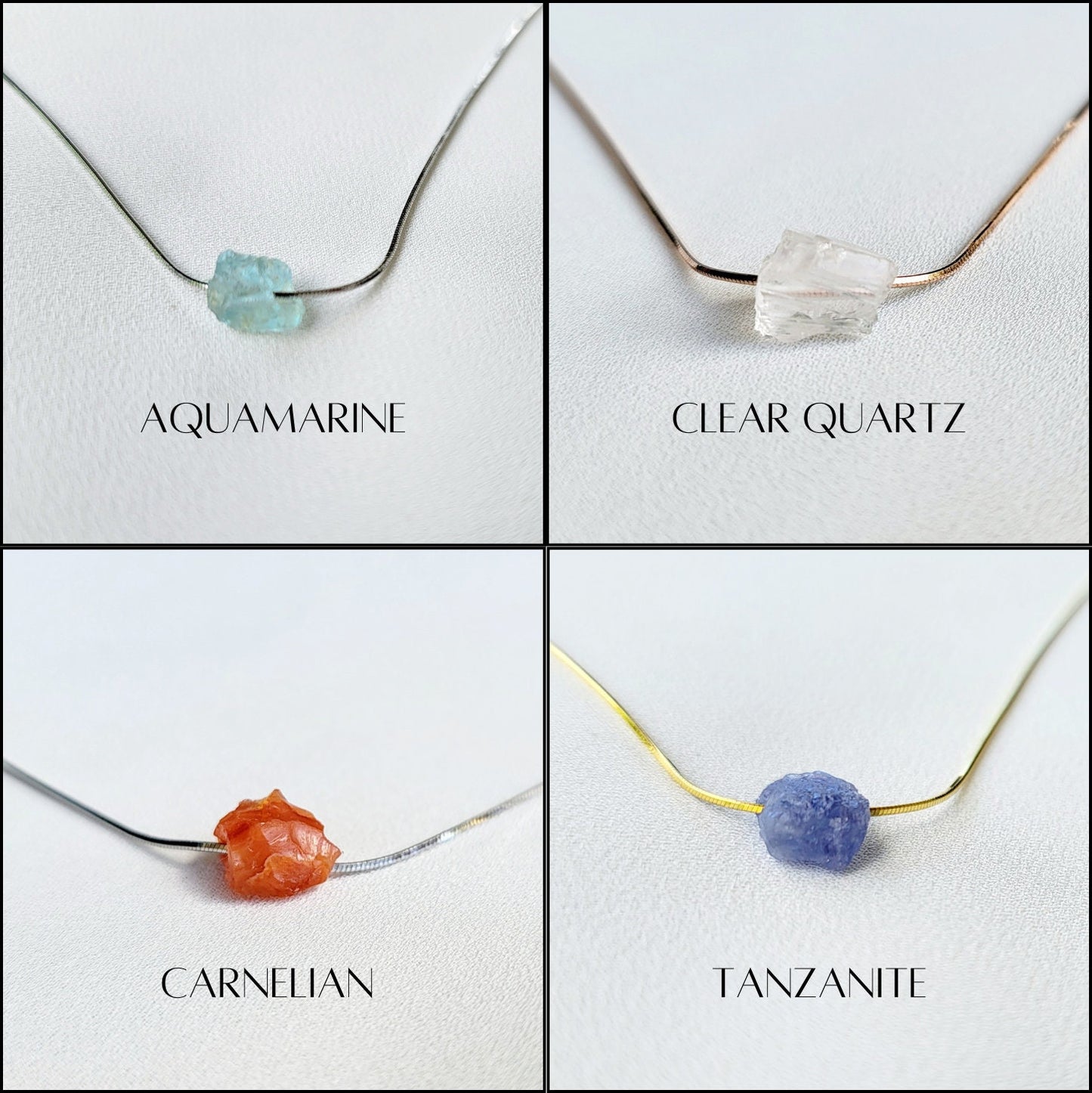 Rose Gold Silver Raw Gemstone Necklace - Adjustable Threader Choker - Lapis - Rose Quartz - Tanzanite - Amethyst - Garnet - Malachite -