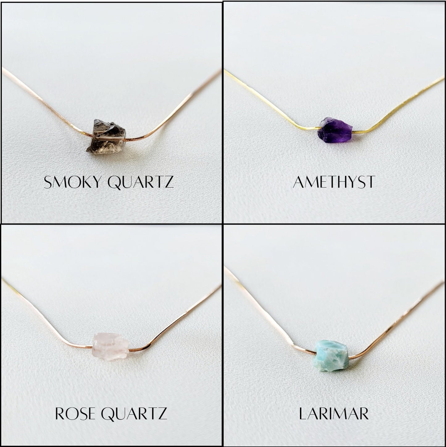 Rose Gold Silver Raw Gemstone Necklace - Adjustable Threader Choker - Lapis - Rose Quartz - Tanzanite - Amethyst - Garnet - Malachite -