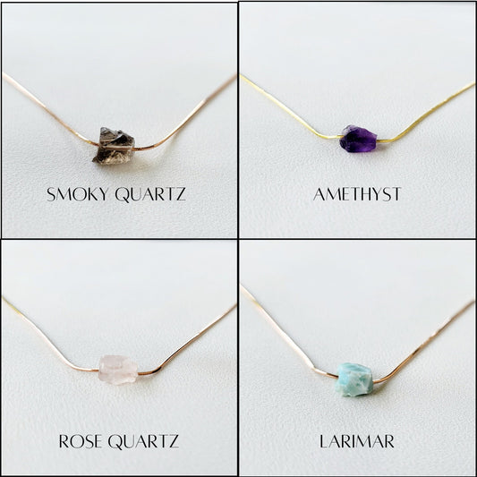 Rose Gold Silver Raw Gemstone Necklace - Adjustable Threader Choker - Lapis - Rose Quartz - Tanzanite - Amethyst - Garnet - Malachite -