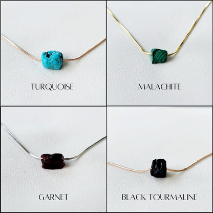 Rose Gold Silver Raw Gemstone Necklace - Adjustable Threader Choker - Lapis - Rose Quartz - Tanzanite - Amethyst - Garnet - Malachite -
