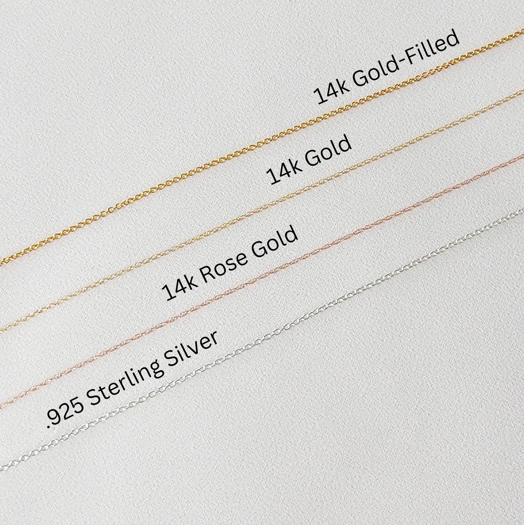 Four chains of different metals: .925 Sterling Silver, 14k Rose Gold, 14k Gold, and 14k Gold-Filled. The chains are laid out horizontally on a white surface, with the silver chain at the bottom and the gold-filled chain at the top.