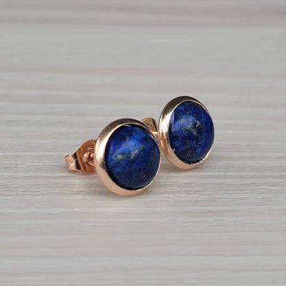 Rose gold stud earrings with round blue lapis lazuli gemstones