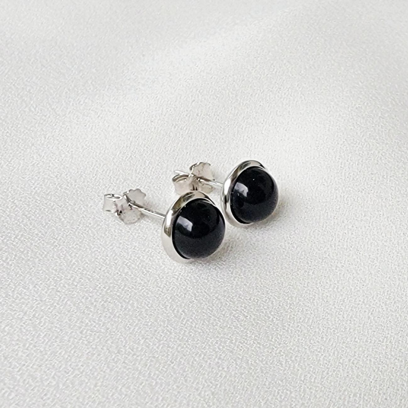 925 Sterling Silver Onyx Stud Earrings - Bezeled Black Onyx Stud Earrings - Black Onyx Jewelry - Medium 6mm