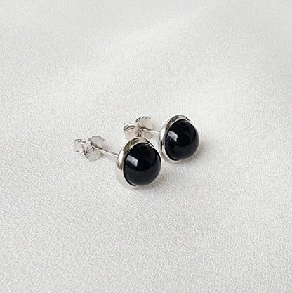 925 Sterling Silver Onyx Stud Earrings - Bezeled Black Onyx Stud Earrings - Black Onyx Jewelry - Medium 6mm