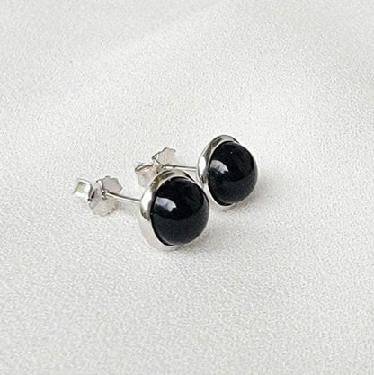 925 Sterling Silver Onyx Stud Earrings - Bezeled Black Onyx Stud Earrings - Black Onyx Jewelry - Medium 6mm