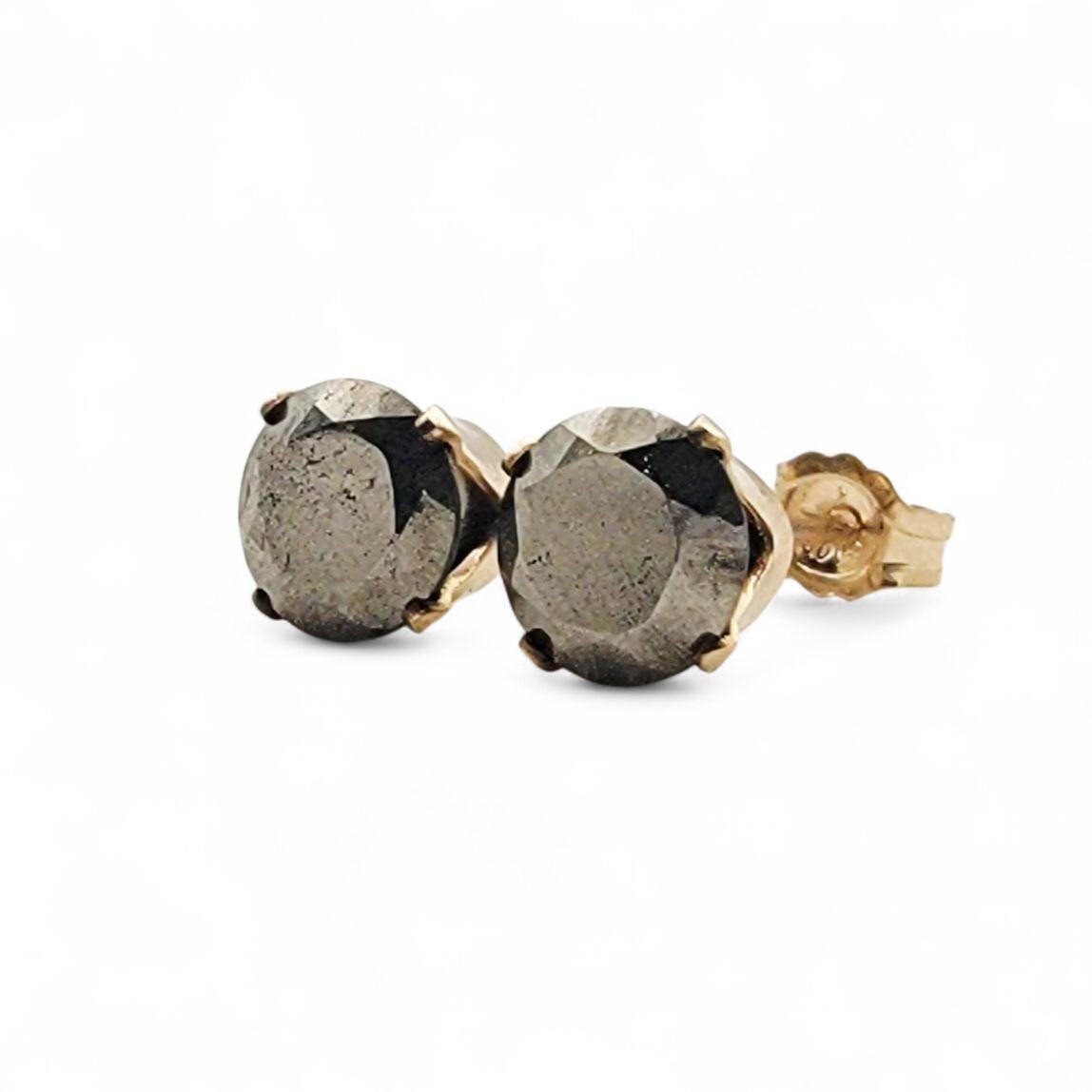 Pyrite stud earrings available in 14k solid gold, gold filled, or sterling silver — choose rose, yellow, or white gold for a minimalist natural gemstone look