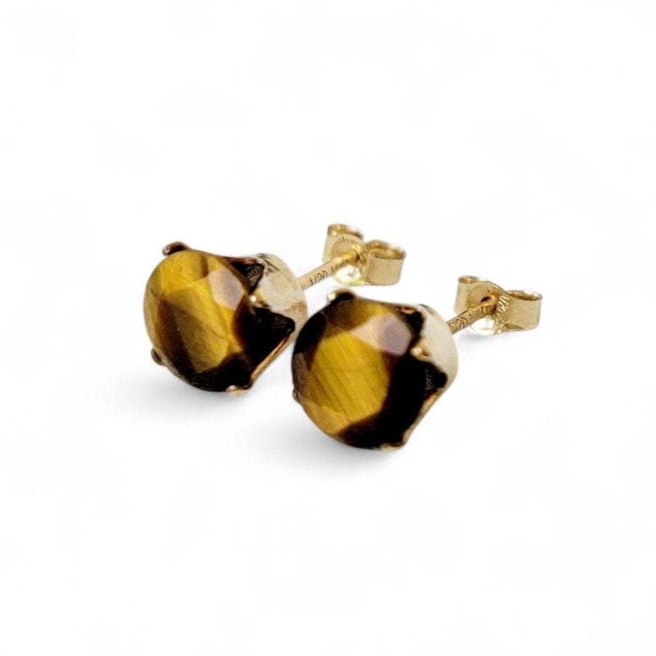 Tiger eye stud earrings in 14k solid gold, gold filled, or sterling silver — available in white, yellow, or rose gold and sizes 3mm, 4mm, 5mm, 6mm — natural golden-brown tiger eye gemstone studs, minimalist jewelry gift.