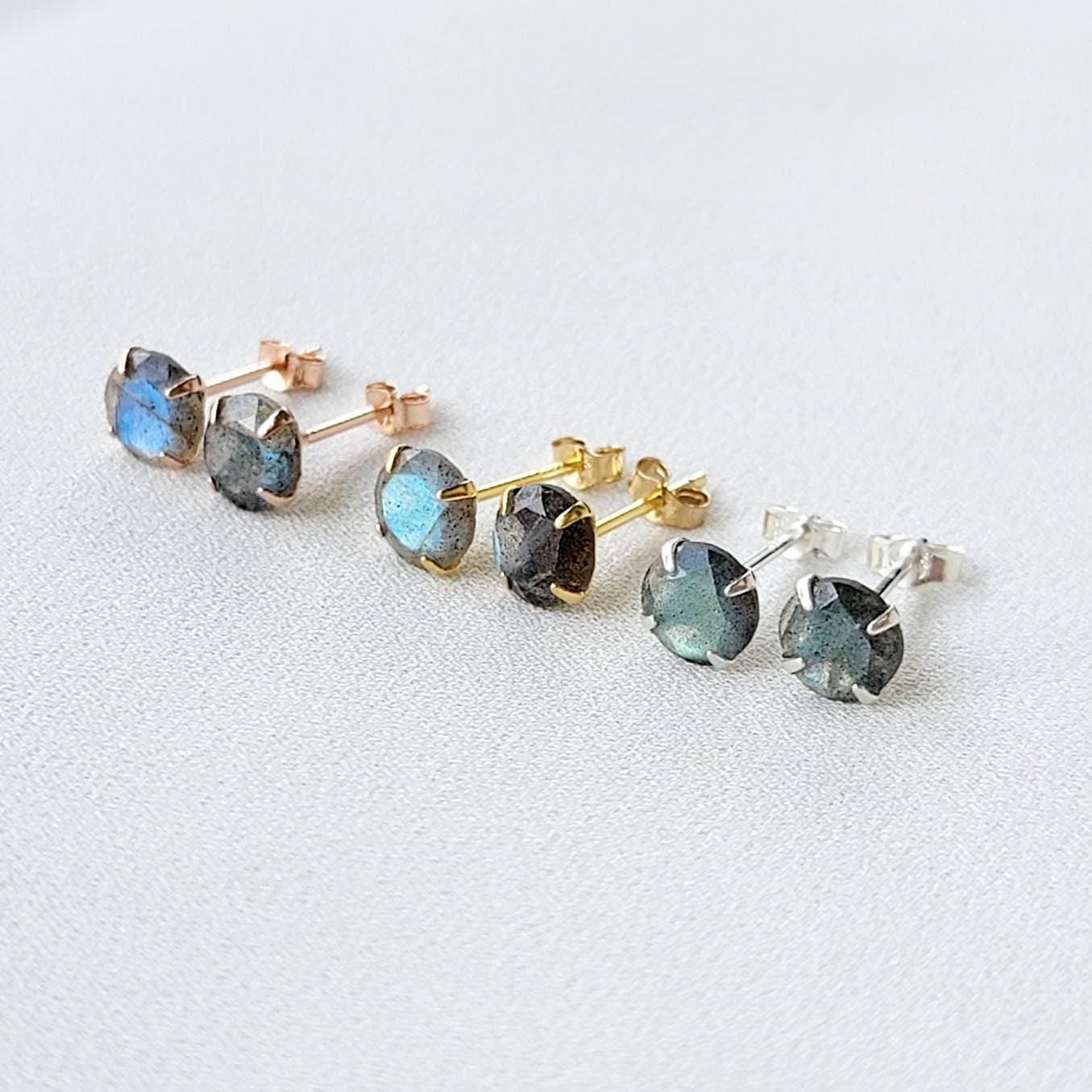Labradorite Stud Earrings – Sterling Silver or Gold Plated (3–6mm)