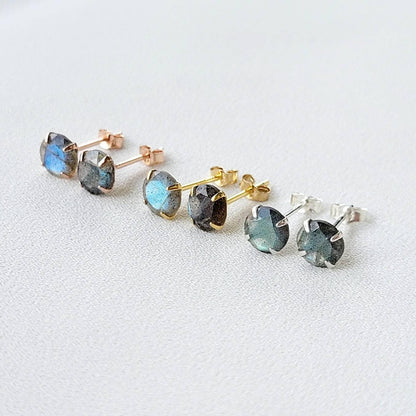 Labradorite Stud Earrings – Sterling Silver or Gold Plated (3–6mm)