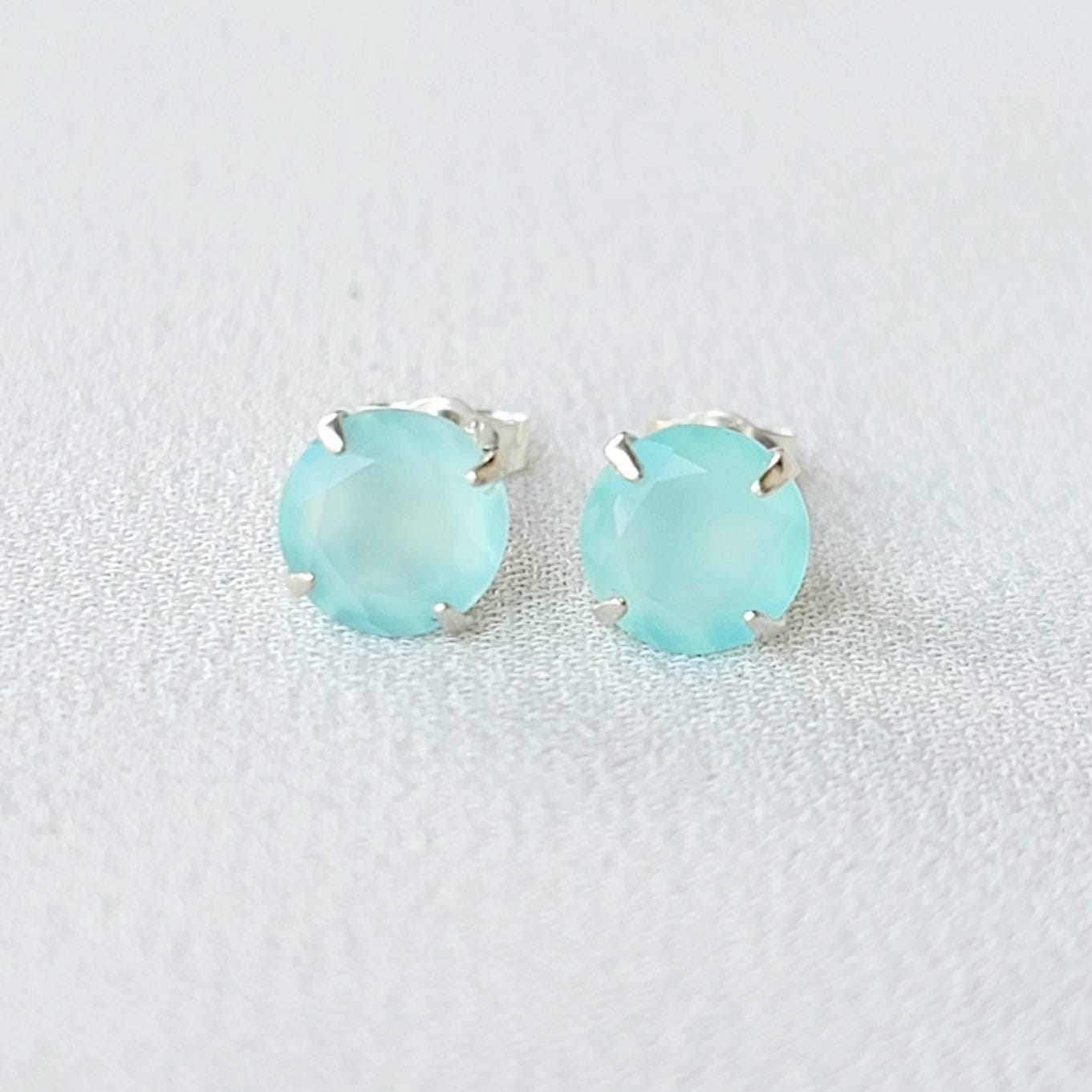 Aqua Chalcedony Stud Earrings – Sterling Silver or Gold Plated (3–6mm)
