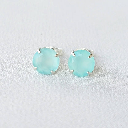 Aqua Chalcedony Stud Earrings – Sterling Silver or Gold Plated (3–6mm)