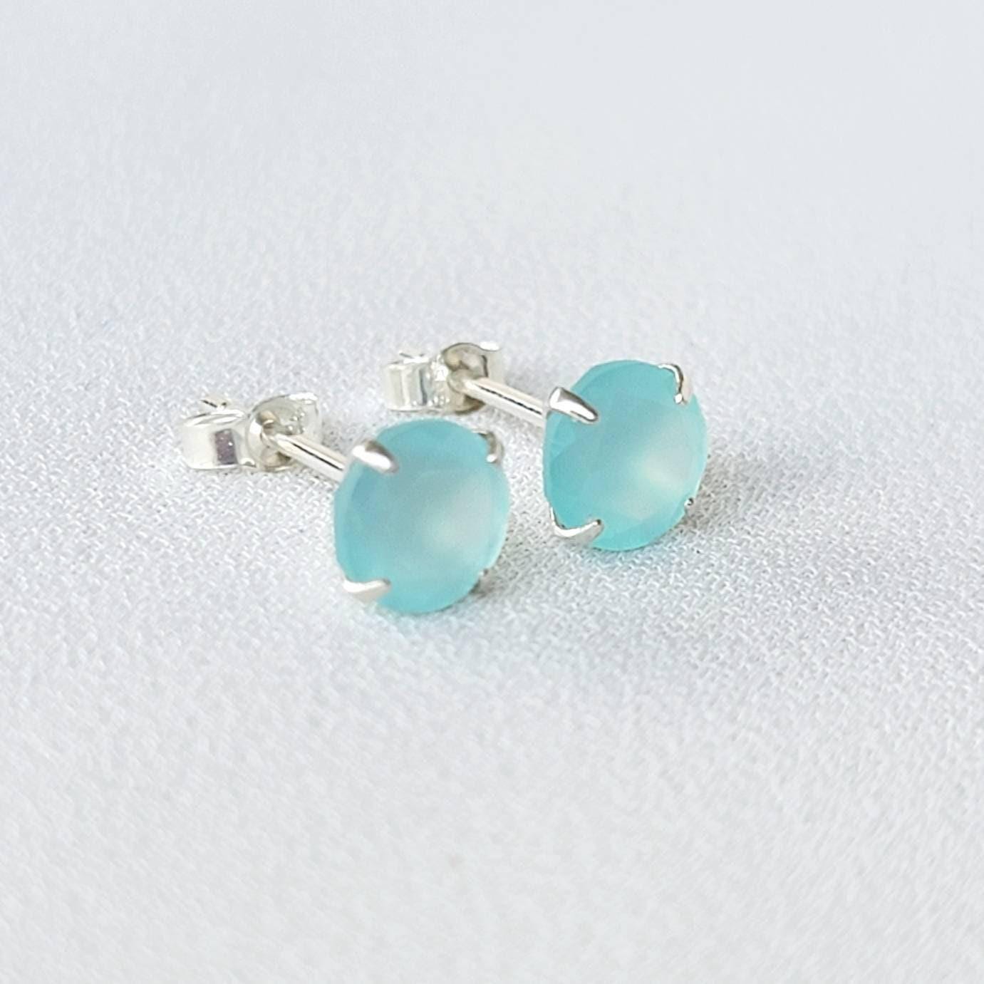 Aqua Chalcedony Stud Earrings – Sterling Silver or Gold Plated (3–6mm)