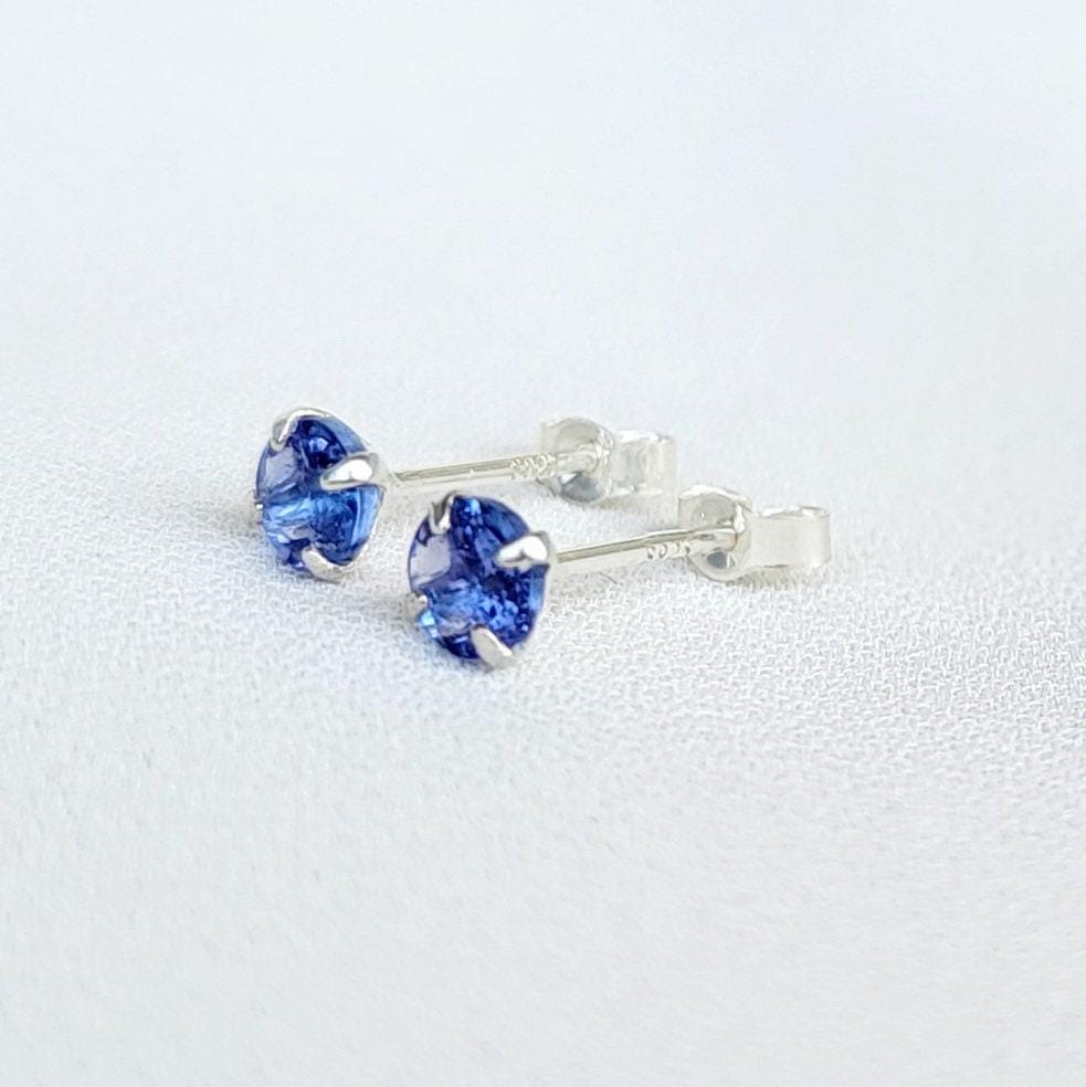14k Gold Sterling Silver Tanzanite Gemstone Stud Earrings - 925 4mm Solid Silver Earrings - Silver Tanzanite Earrings- Stud Earrings