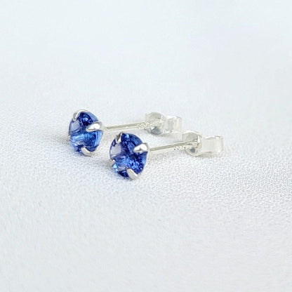 14k Gold Sterling Silver Tanzanite Gemstone Stud Earrings - 925 4mm Solid Silver Earrings - Silver Tanzanite Earrings- Stud Earrings