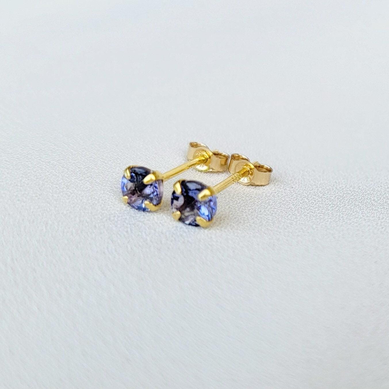 14k Gold Sterling Silver Tanzanite Gemstone Stud Earrings - 925 4mm Solid Silver Earrings - Silver Tanzanite Earrings- Stud Earrings