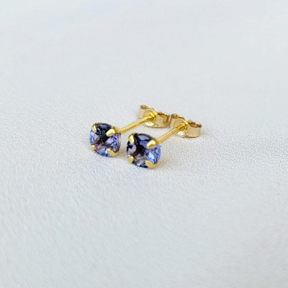 14k Gold Sterling Silver Tanzanite Gemstone Stud Earrings - 925 4mm Solid Silver Earrings - Silver Tanzanite Earrings- Stud Earrings