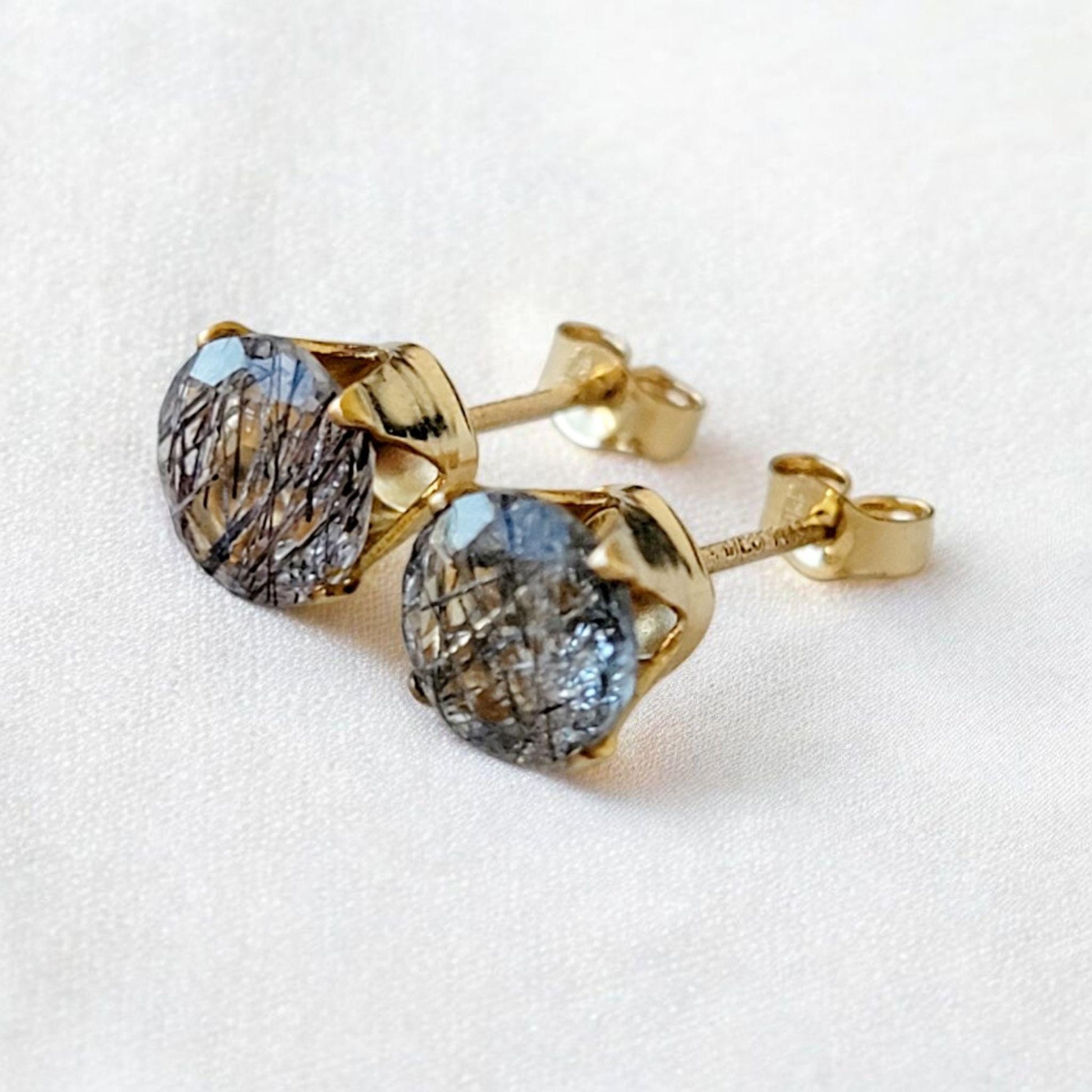 Black rutile quartz stud earrings in 14k solid gold, gold filled, or sterling silver — available in white, yellow, or rose gold and sizes 3mm, 4mm, 5mm, 6mm — natural rutilated quartz gemstone studs, minimalist jewelry gift.