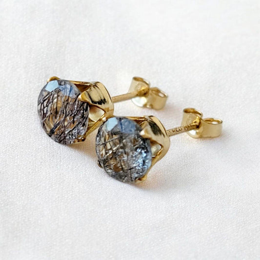Black rutile quartz stud earrings in 14k solid gold, gold filled, or sterling silver — available in white, yellow, or rose gold and sizes 3mm, 4mm, 5mm, 6mm — natural rutilated quartz gemstone studs, minimalist jewelry gift.
