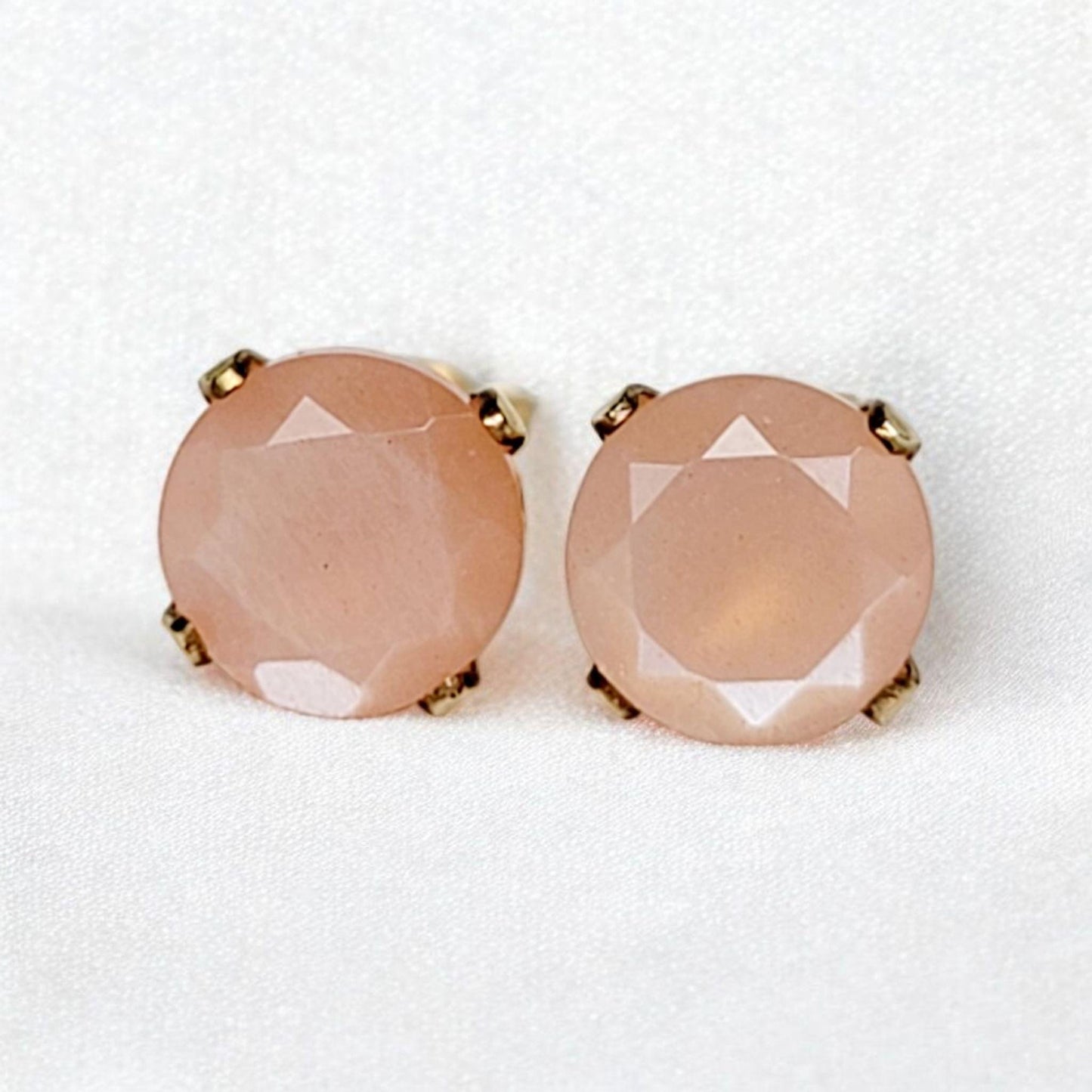 Peach moonstone stud earrings 14k solid gold, gold filled, or sterling silver — available in rose, yellow, or white gold settings