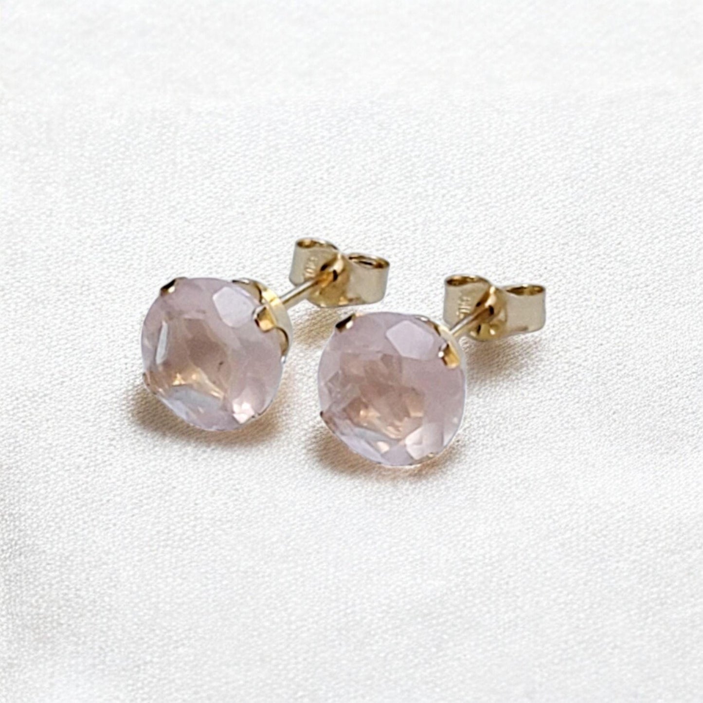 Rose quartz stud earrings available in 14k solid gold, gold filled, or sterling silver — choose rose, yellow, or white gold for an elegant natural gemstone look.