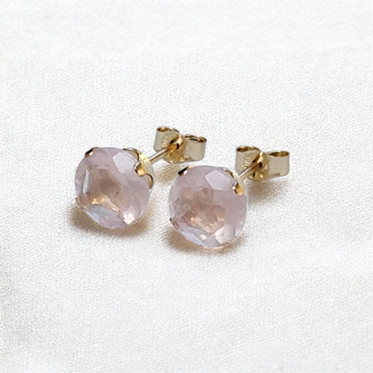 Rose quartz stud earrings available in 14k solid gold, gold filled, or sterling silver — choose rose, yellow, or white gold for an elegant natural gemstone look.
