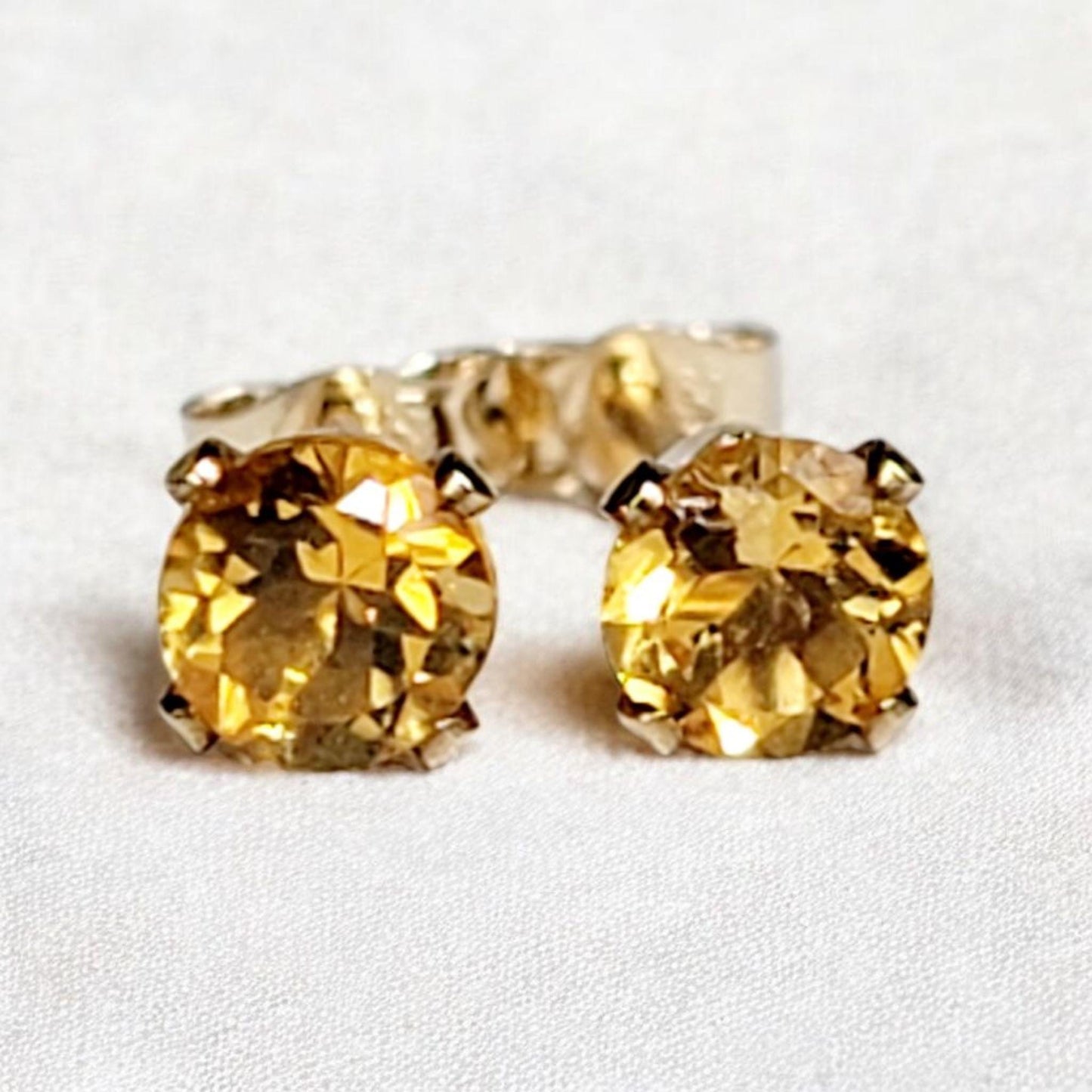 Citrine stud earrings in 14k solid gold, gold filled, or sterling silver — available in white, yellow, or rose gold and sizes 3mm, 4mm, 5mm, 6mm — natural golden citrine gemstone studs, November birthstone jewelry gift.