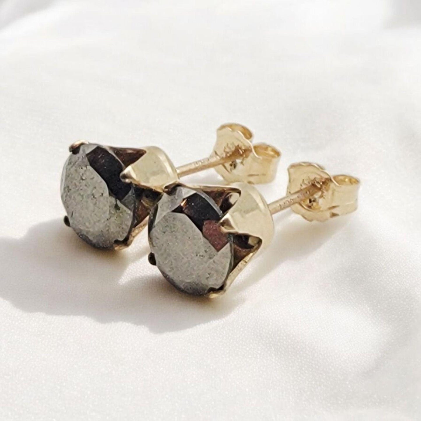 Pyrite stud earrings available in 14k solid gold, gold filled, or sterling silver — choose rose, yellow, or white gold for a minimalist natural gemstone look