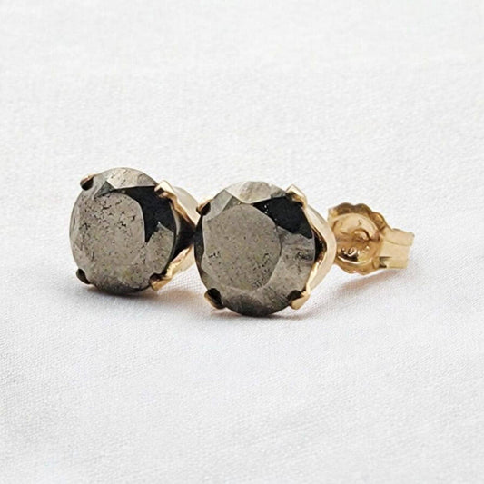 Pyrite stud earrings available in 14k solid gold, gold filled, or sterling silver — choose rose, yellow, or white gold for a minimalist natural gemstone look
