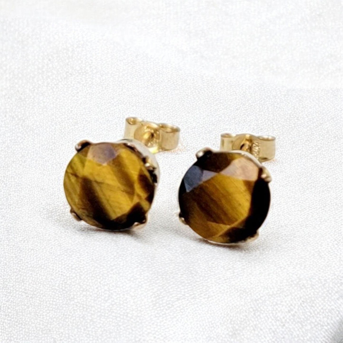 Tiger eye stud earrings in 14k solid gold, gold filled, or sterling silver — available in white, yellow, or rose gold and sizes 3mm, 4mm, 5mm, 6mm — natural golden-brown tiger eye gemstone studs, minimalist jewelry gift.