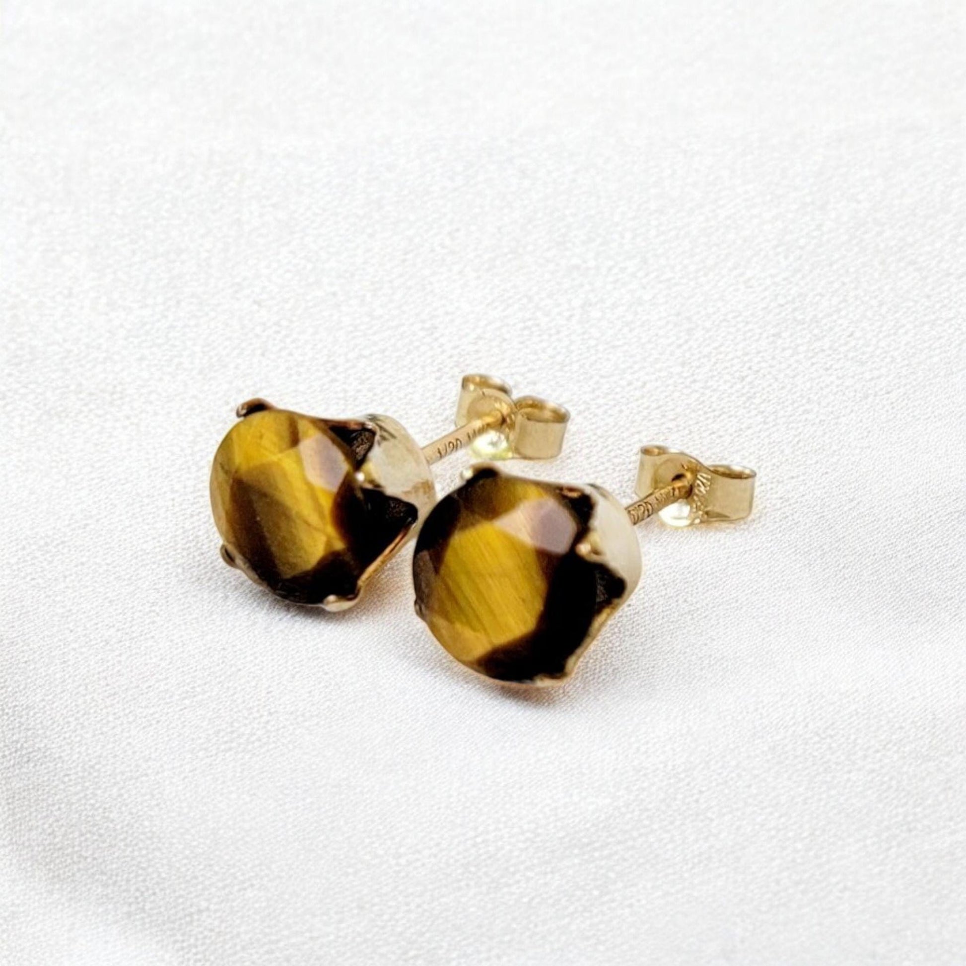 Tiger eye stud earrings in 14k solid gold, gold filled, or sterling silver — available in white, yellow, or rose gold and sizes 3mm, 4mm, 5mm, 6mm — natural golden-brown tiger eye gemstone studs, minimalist jewelry gift.