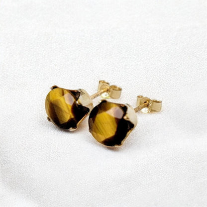 Tiger eye stud earrings in 14k solid gold, gold filled, or sterling silver — available in white, yellow, or rose gold and sizes 3mm, 4mm, 5mm, 6mm — natural golden-brown tiger eye gemstone studs, minimalist jewelry gift.