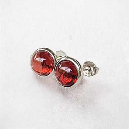 925 Sterling Silver Garnet Stud Earrings - Bezeled Garnet Jewelry - Medium Large Garnet Stone 6mm 8mm