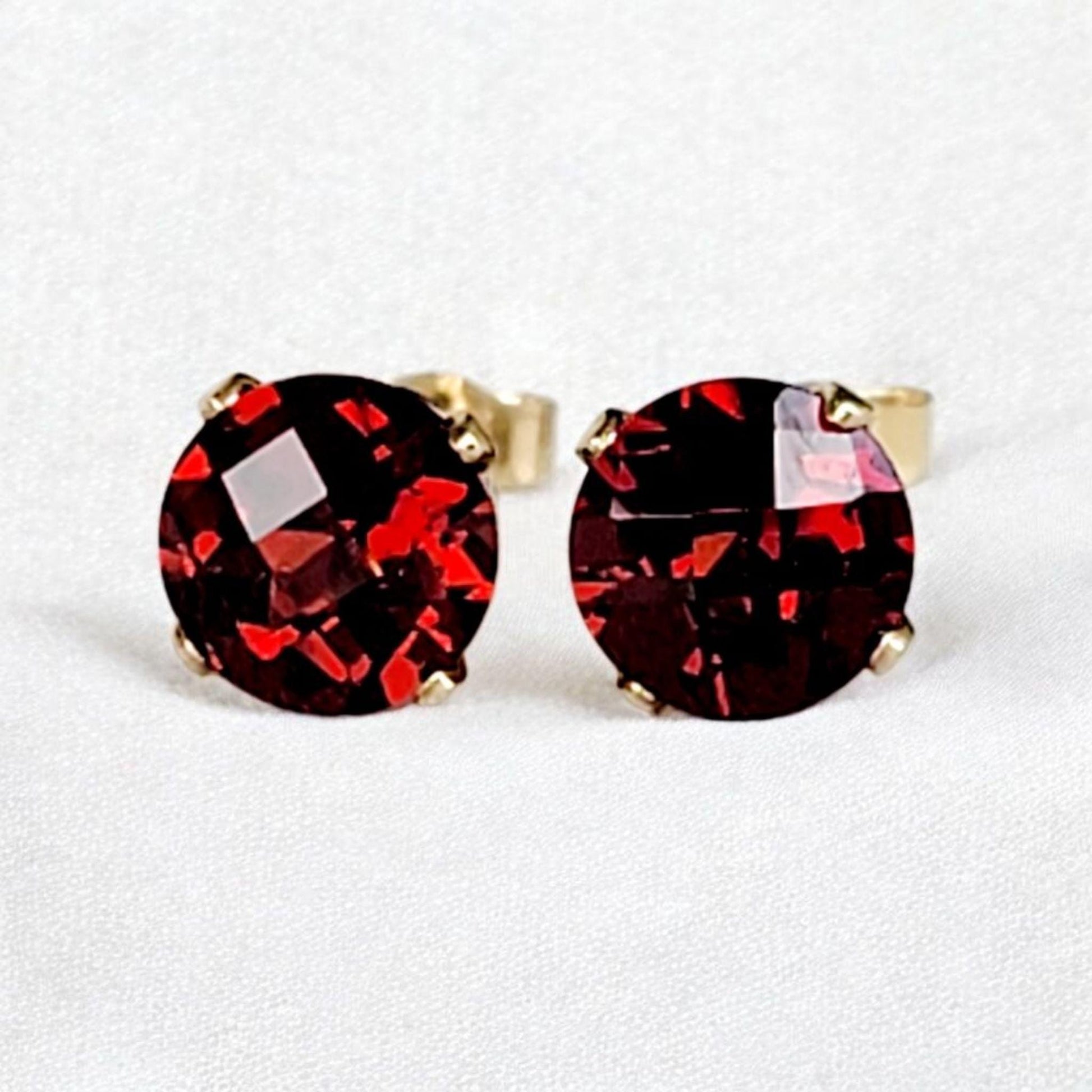 Checkered cut garnet stud earrings in 14k solid gold, gold filled, or sterling silver — available in white, yellow, or rose gold and sizes 3mm, 4mm, 5mm, 6mm — deep red garnet gemstone studs with faceted checkered cut, January birthstone jewelry gift.